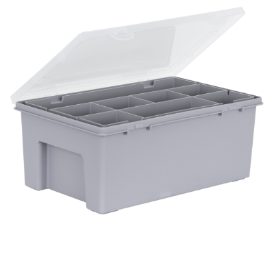 Box & Hinged Lid Organiser  8Div. Grey & Clear 29cm+Tote