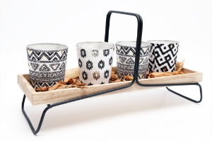 Canndle Pots x4 on Woooden & Metal Stand AZTEC Design