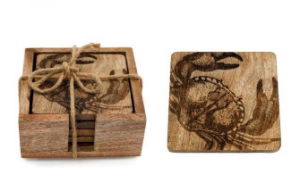 Coasters Wooden CRAB Design 10cm Engraved x4 in Holder