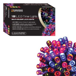 Christmas Lights  100 LED Multi Colour Timer 3xAA Req.