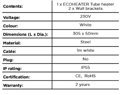 Heater Tubular ECOHEATER Slim IP44 Thermostat - Various Sizes