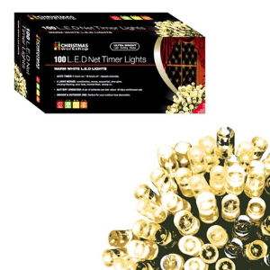 Christmas Lights  100 LED Warm White Net Timer 3xAA Req.